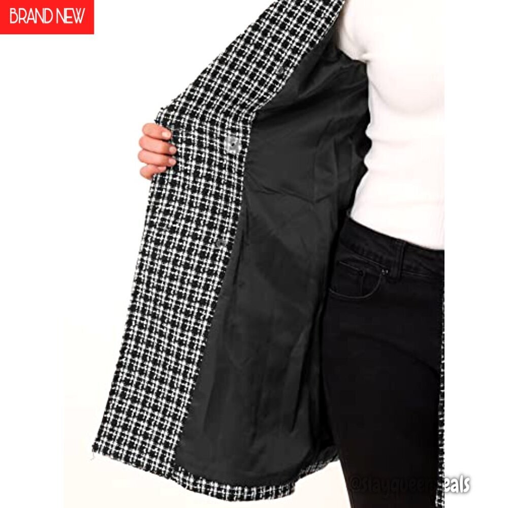 Women's Tweed Blazer Double Breasted Long Jacket Plaid Coat - Picture 6 of 6